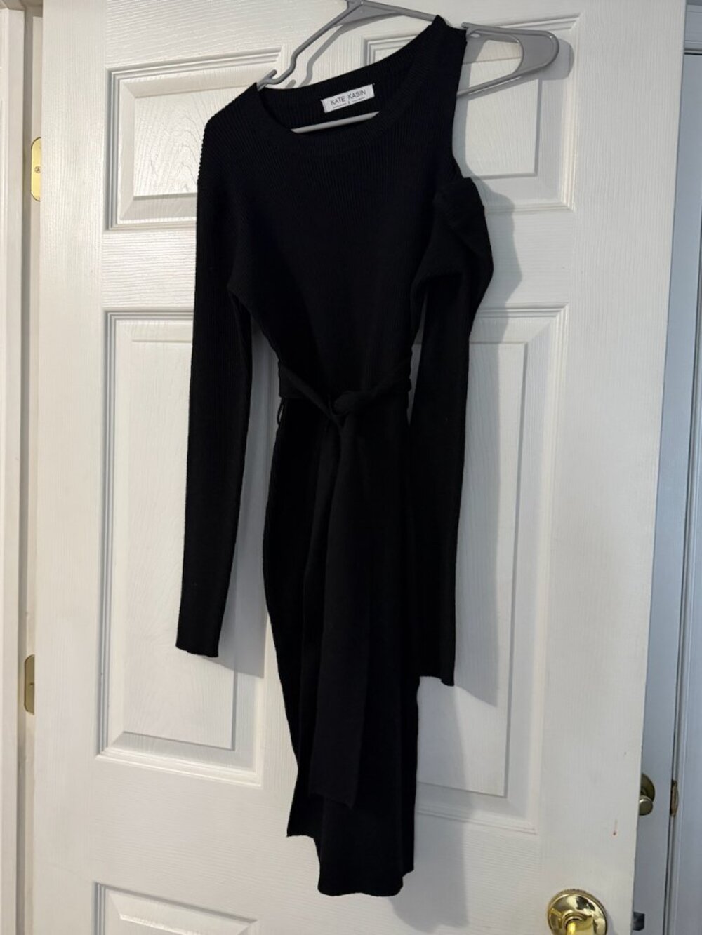 Kate Kasin - Black Sweater Midi Dress - Cutout Shoulder - Tie Belt - Size S